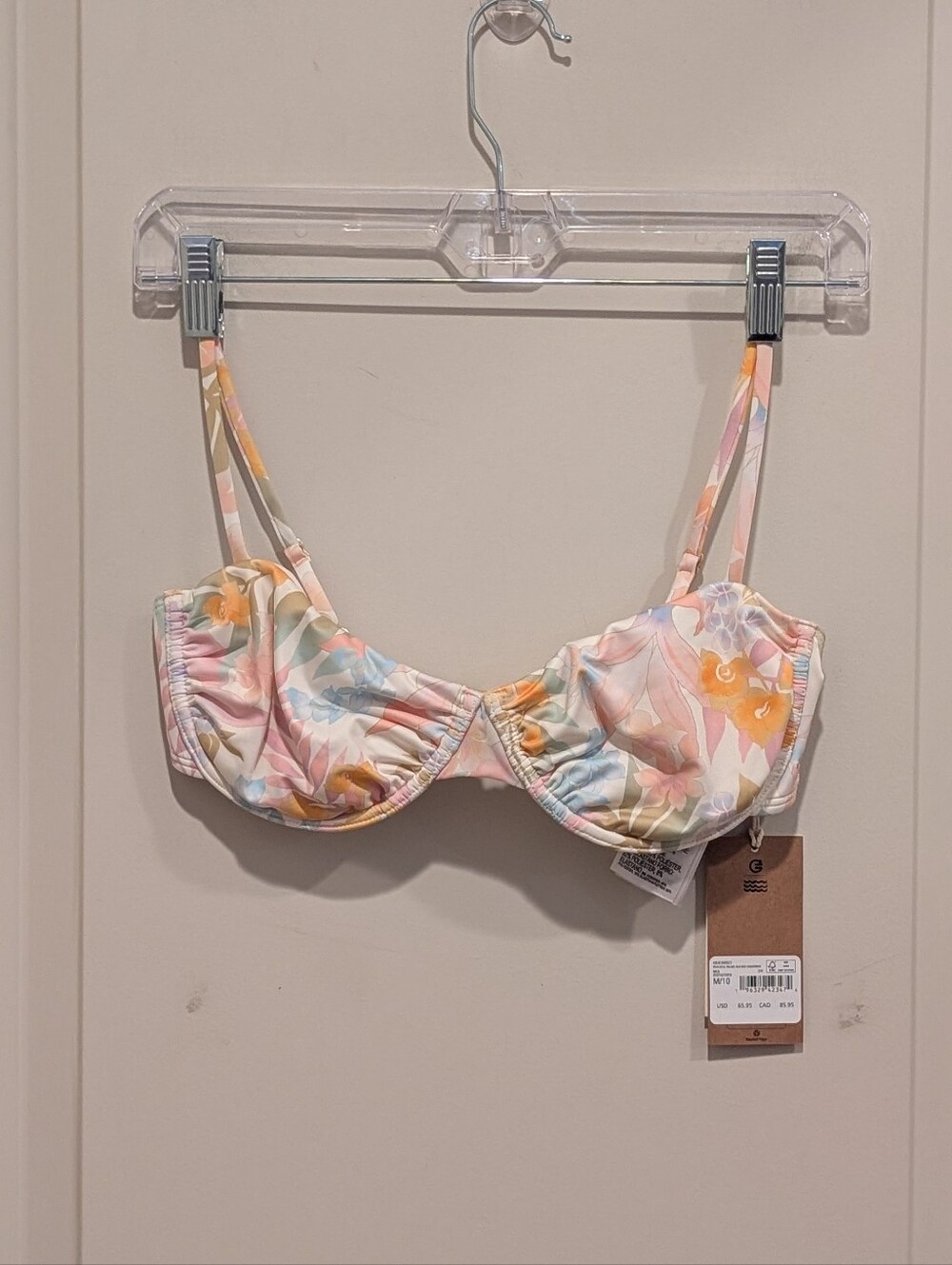 Billabong Pastel Floral Underwire Bikini Top - Pink, Yellow, Blue Size Medium